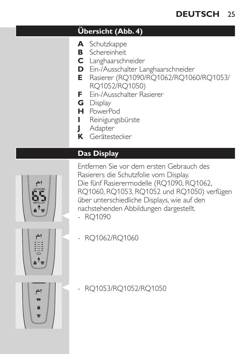 Übersicht (abb. 4), Das display | Philips Afeitadora eléctrica User Manual | Page 23 / 144