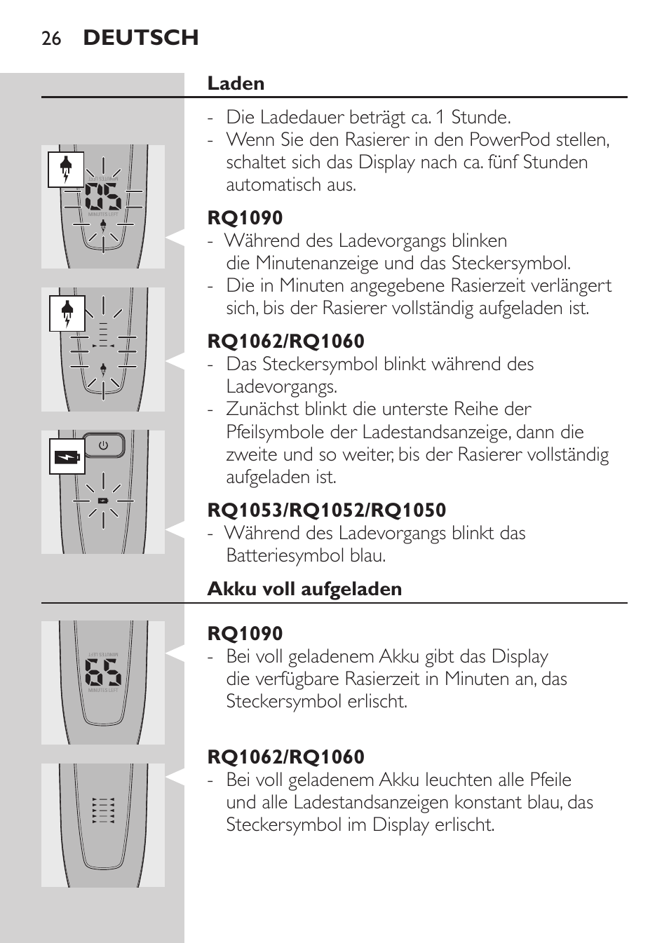 Laden, Rq1090, Rq1062/rq1060 | Rq1053/rq1052/rq1050, Akku voll aufgeladen | Philips Afeitadora eléctrica User Manual | Page 24 / 144