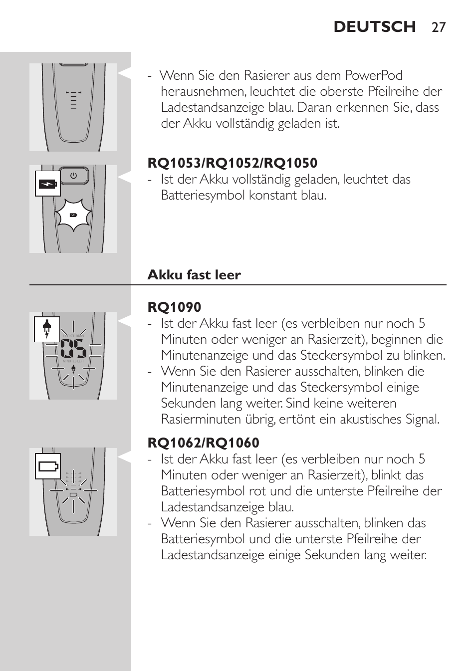 Rq1053/rq1052/rq1050, Akku fast leer, Rq1090 | Rq1062/rq1060 | Philips Afeitadora eléctrica User Manual | Page 25 / 144