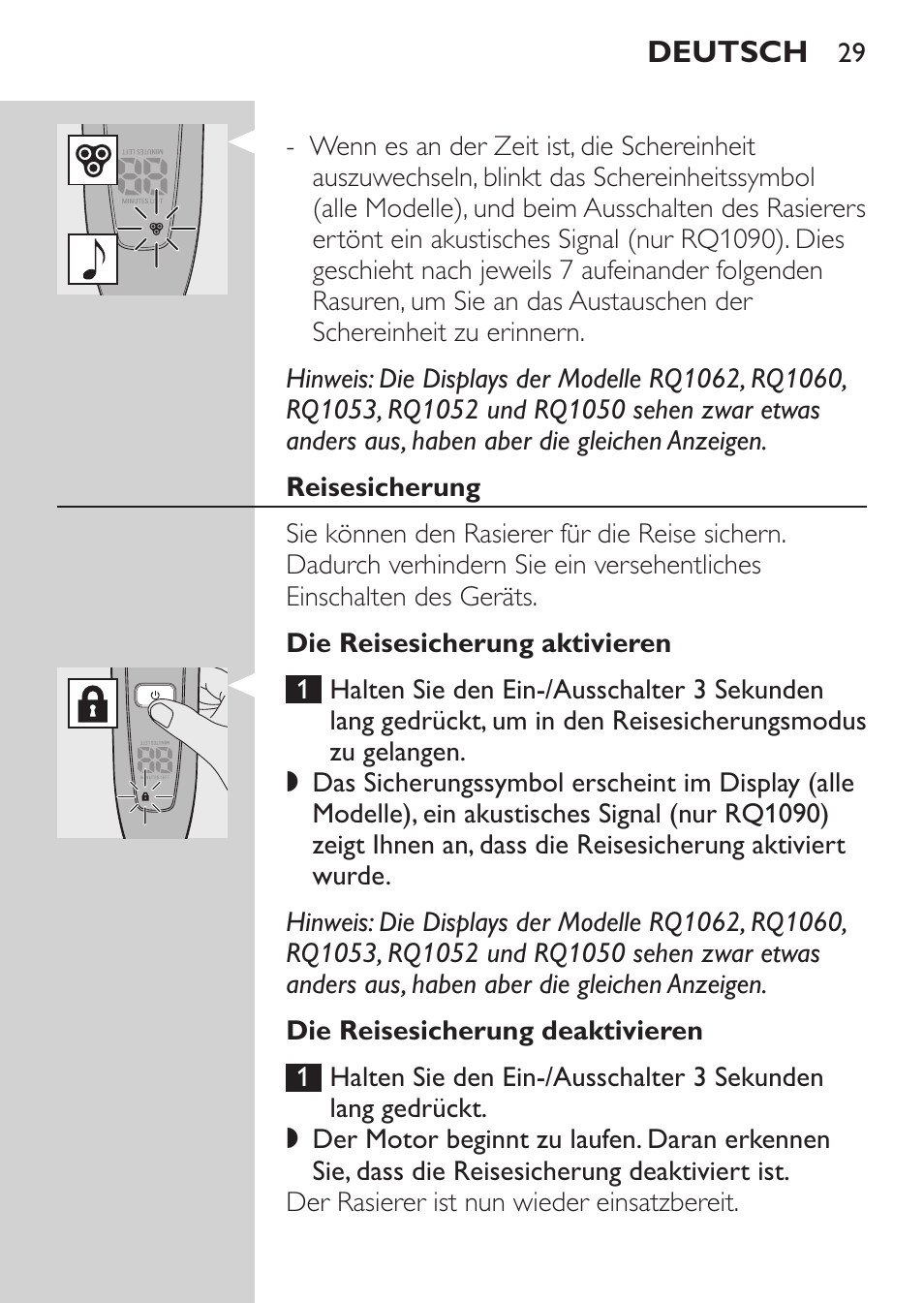 Reisesicherung, Die reisesicherung aktivieren, Die reisesicherung deaktivieren | Philips Afeitadora eléctrica User Manual | Page 27 / 144