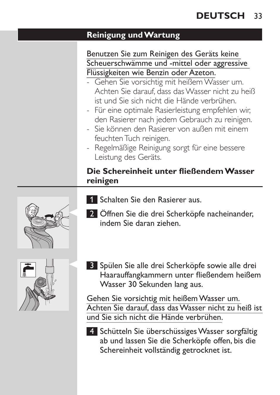 Reinigung und wartung, Die schereinheit unter fließendem wasser reinigen | Philips Afeitadora eléctrica User Manual | Page 31 / 144