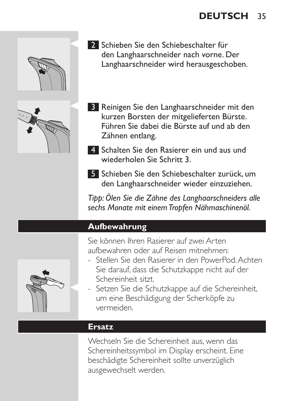 Aufbewahrung, Ersatz | Philips Afeitadora eléctrica User Manual | Page 33 / 144