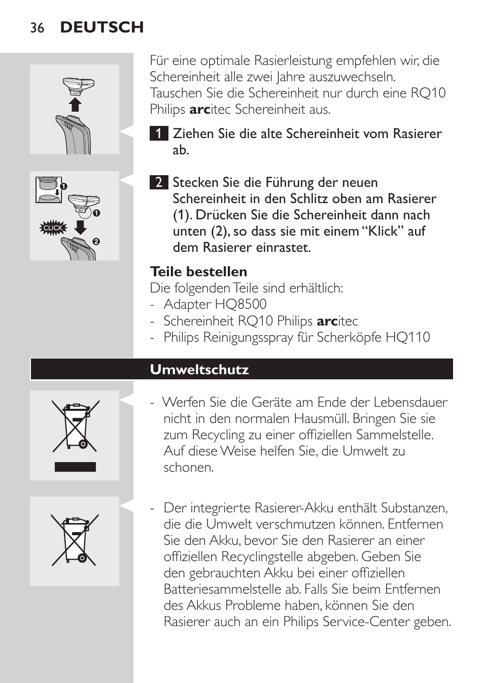 Teile bestellen, Umweltschutz | Philips Afeitadora eléctrica User Manual | Page 34 / 144