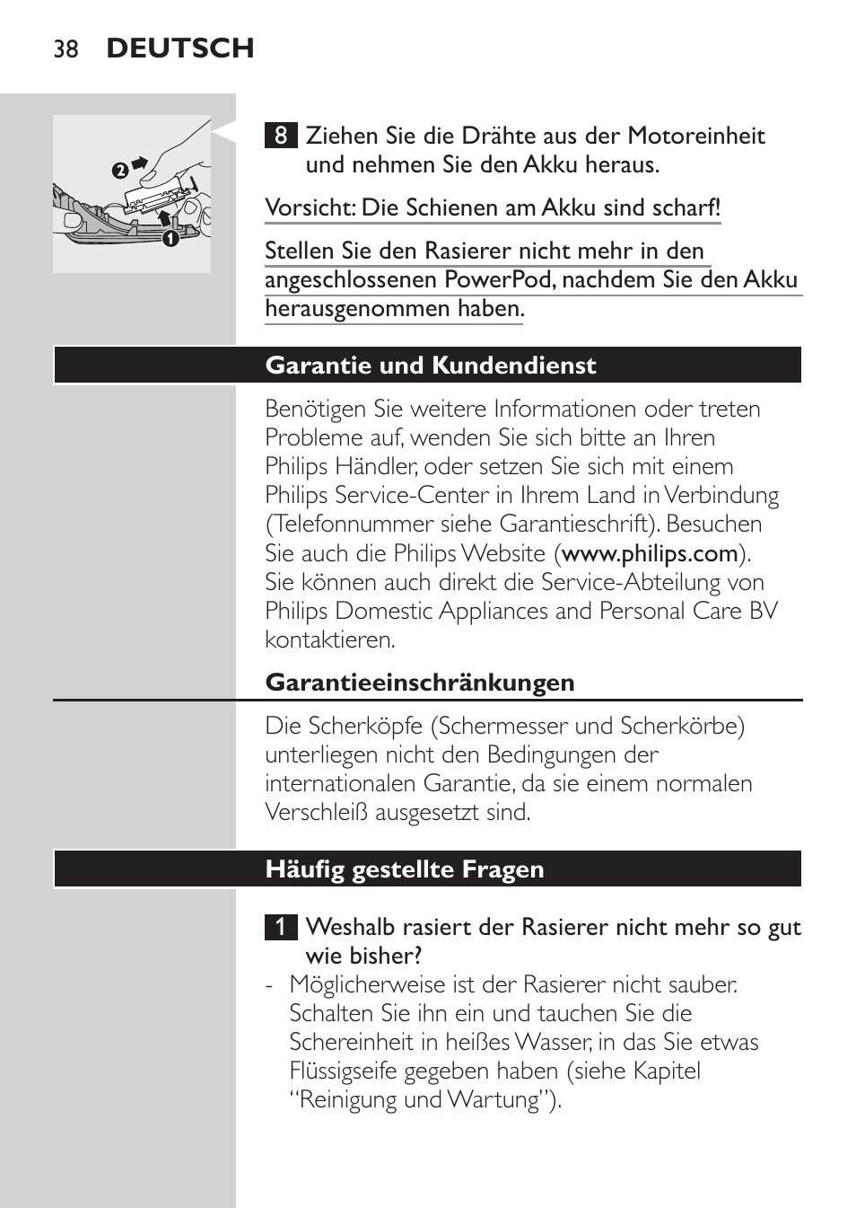 Garantie und kundendienst, Garantieeinschränkungen, Häufig gestellte fragen | Philips Afeitadora eléctrica User Manual | Page 36 / 144