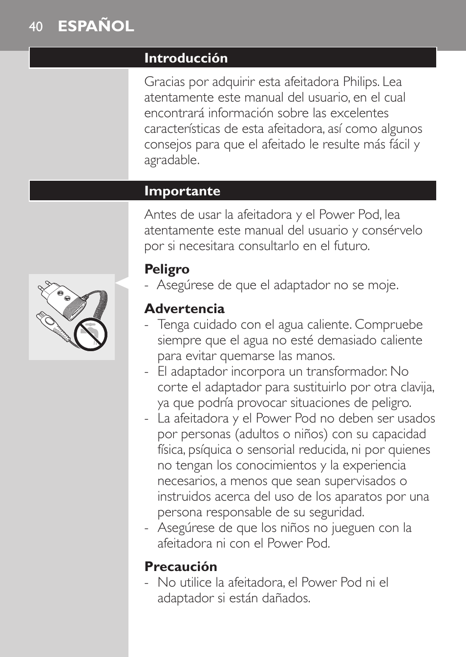 Peligro, Advertencia, Precaución | Español, Introducción, Importante | Philips Afeitadora eléctrica User Manual | Page 38 / 144