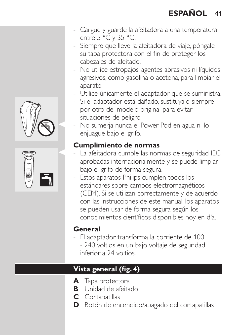 Cumplimiento de normas, General, Vista general (fig. 4) | Philips Afeitadora eléctrica User Manual | Page 39 / 144