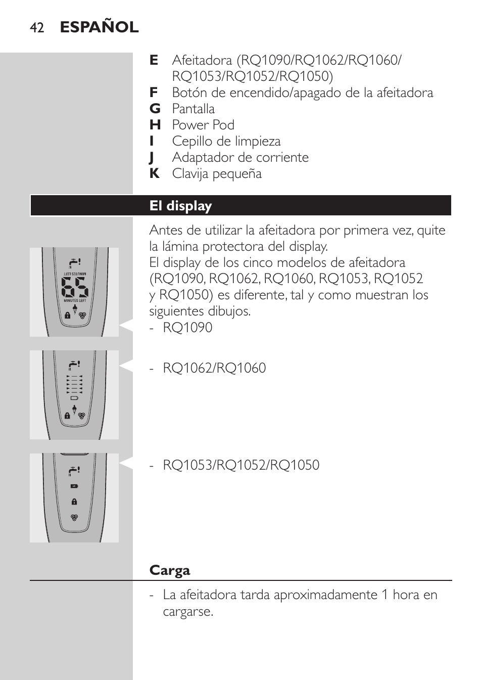 El display, Carga | Philips Afeitadora eléctrica User Manual | Page 40 / 144