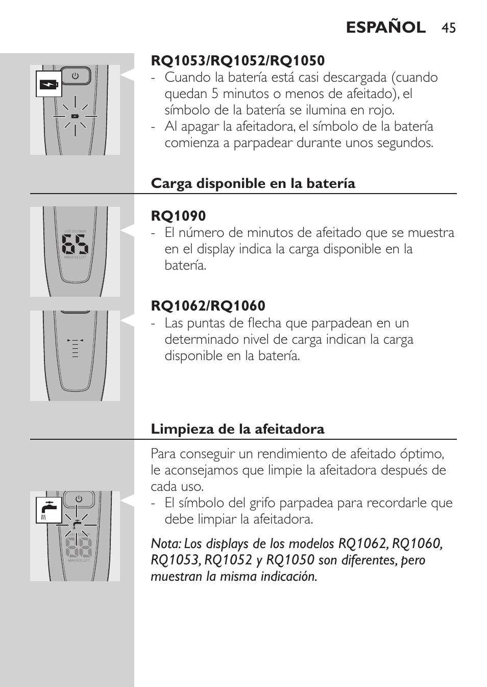 Rq1053/rq1052/rq1050, Carga disponible en la batería, Rq1090 | Rq1062/rq1060, Limpieza de la afeitadora | Philips Afeitadora eléctrica User Manual | Page 43 / 144