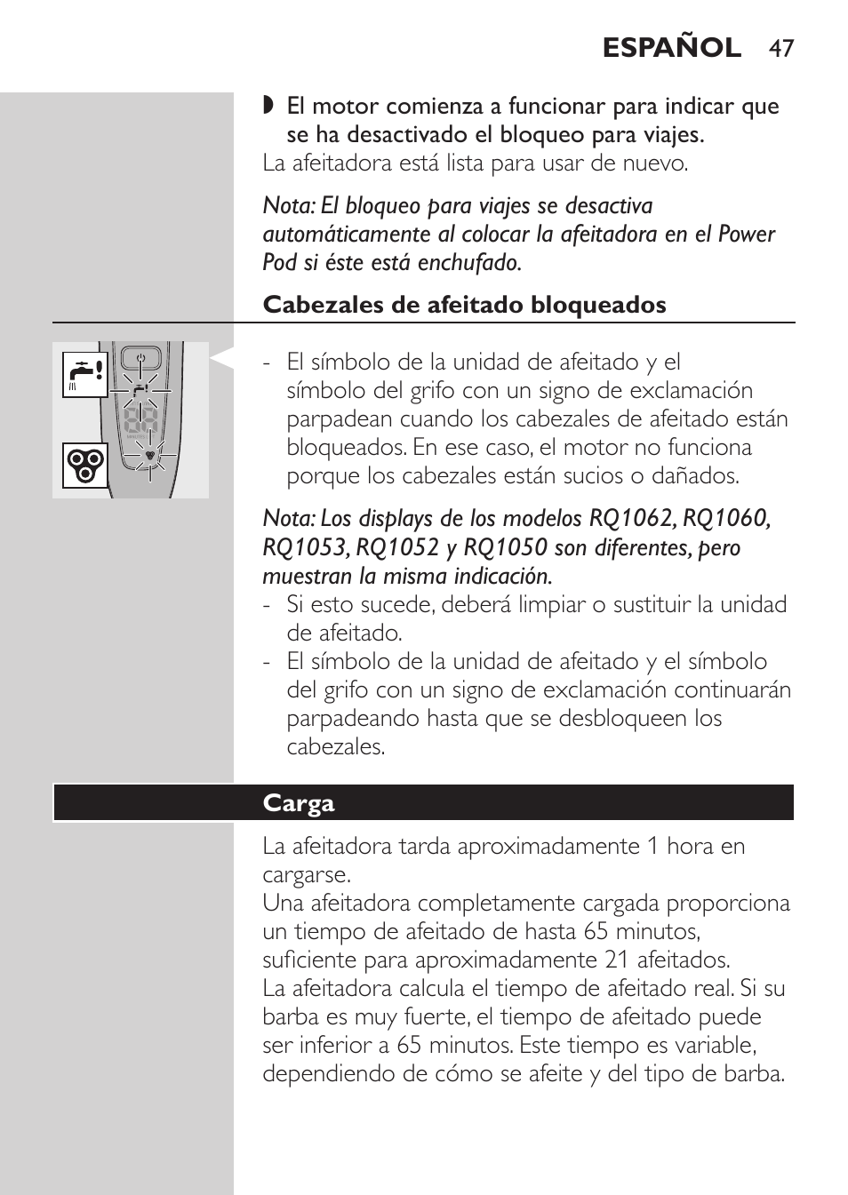 Cabezales de afeitado bloqueados, Carga | Philips Afeitadora eléctrica User Manual | Page 45 / 144