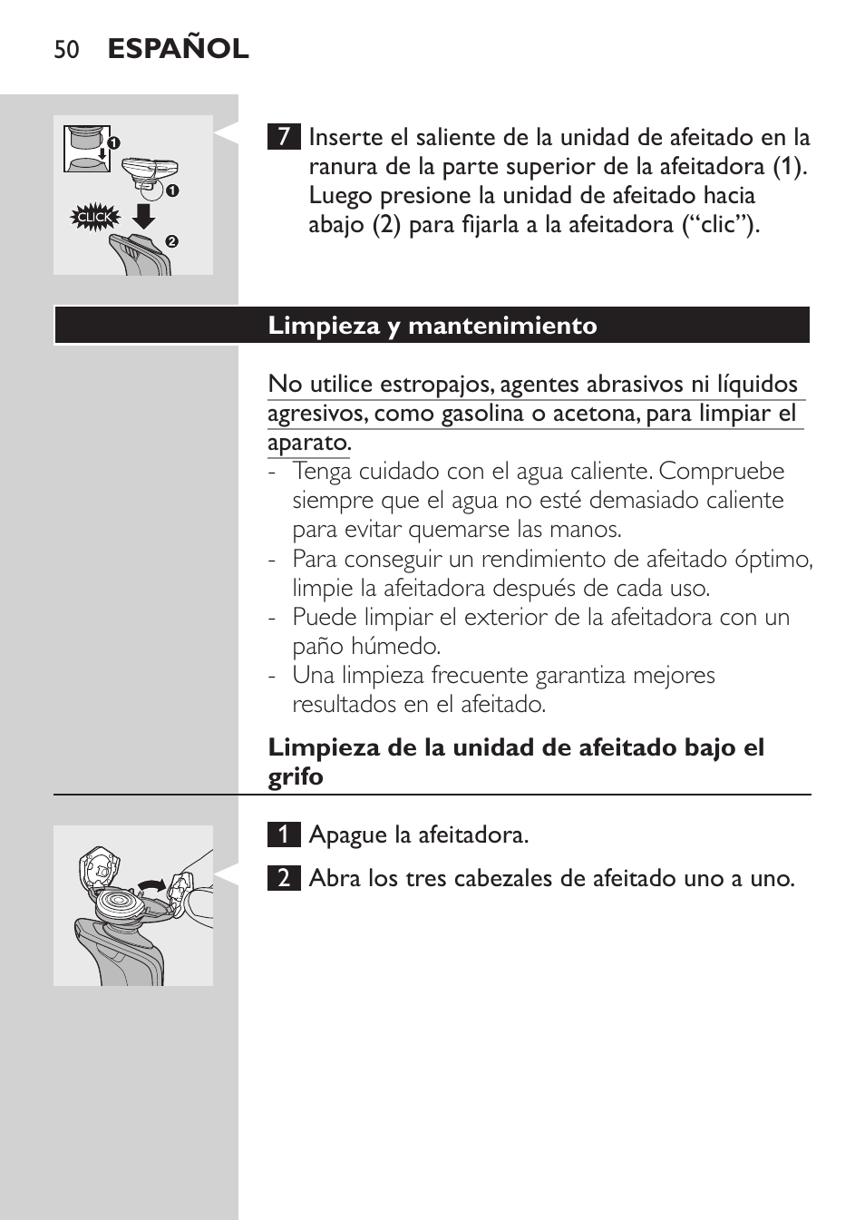 Limpieza y mantenimiento, Limpieza de la unidad de afeitado bajo el grifo | Philips Afeitadora eléctrica User Manual | Page 48 / 144