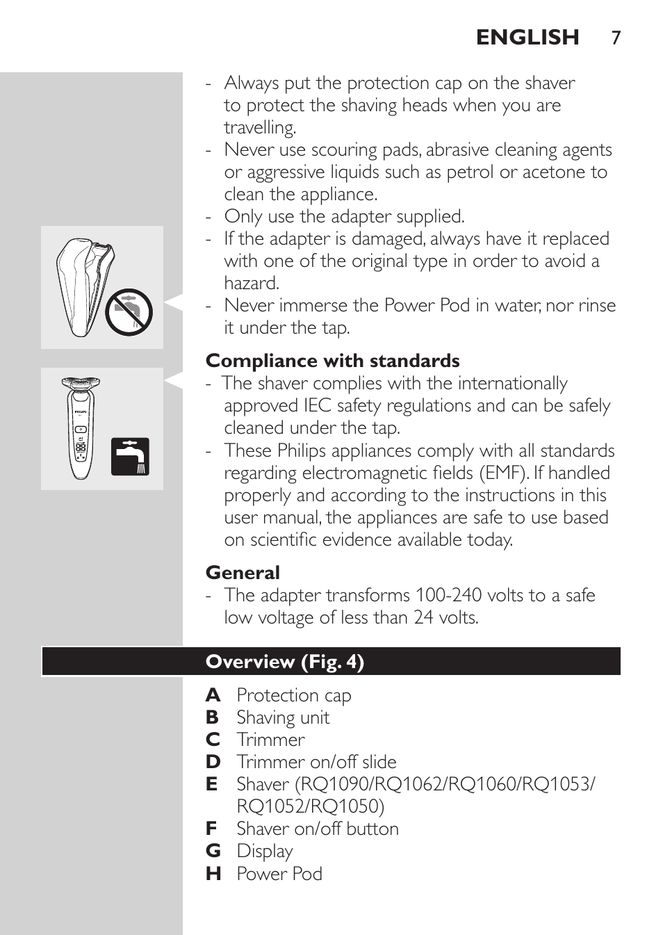 Compliance with standards, General, Overview (fig. 4) | Philips Afeitadora eléctrica User Manual | Page 5 / 144