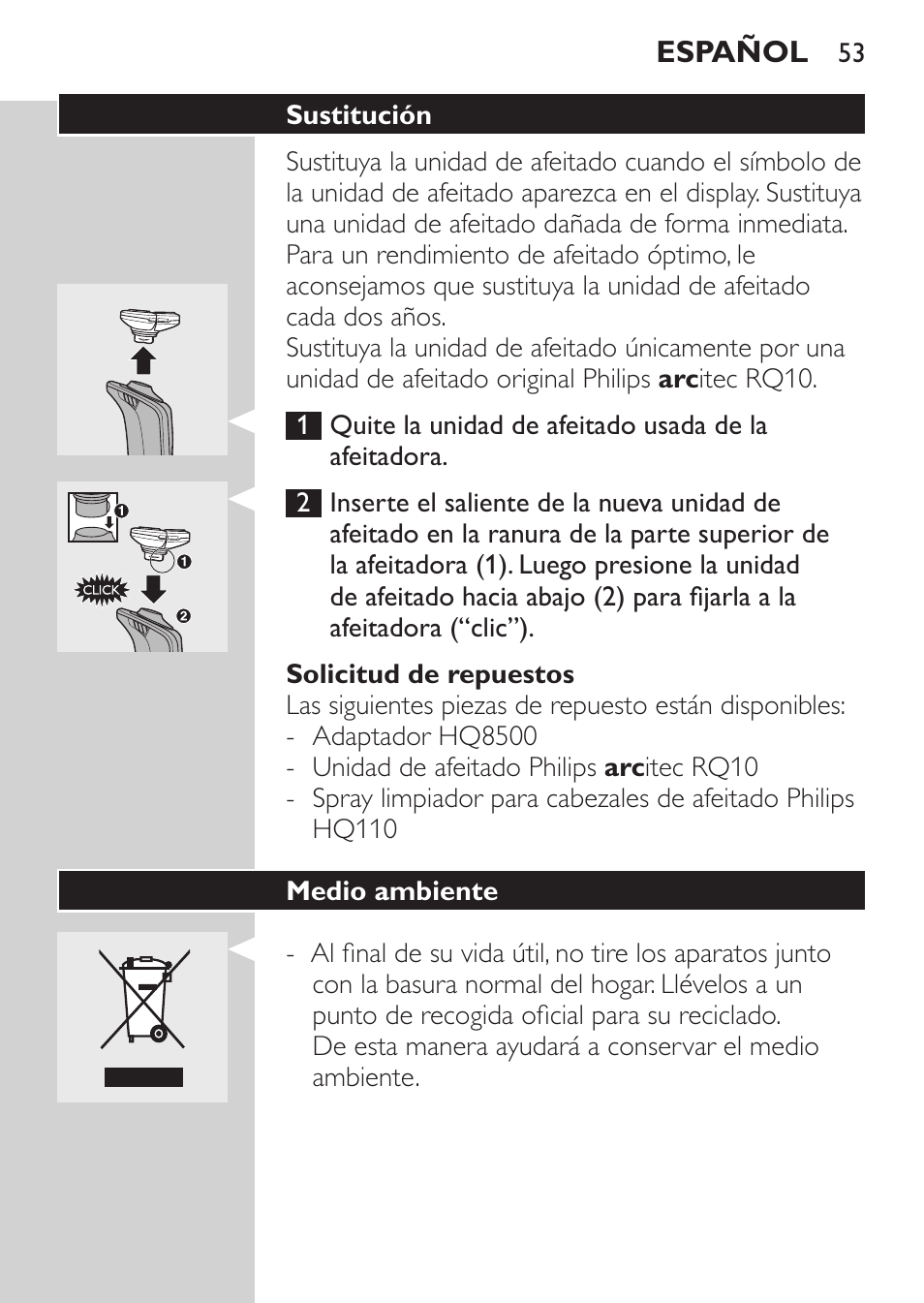 Solicitud de repuestos, Sustitución, Medio ambiente | Philips Afeitadora eléctrica User Manual | Page 51 / 144