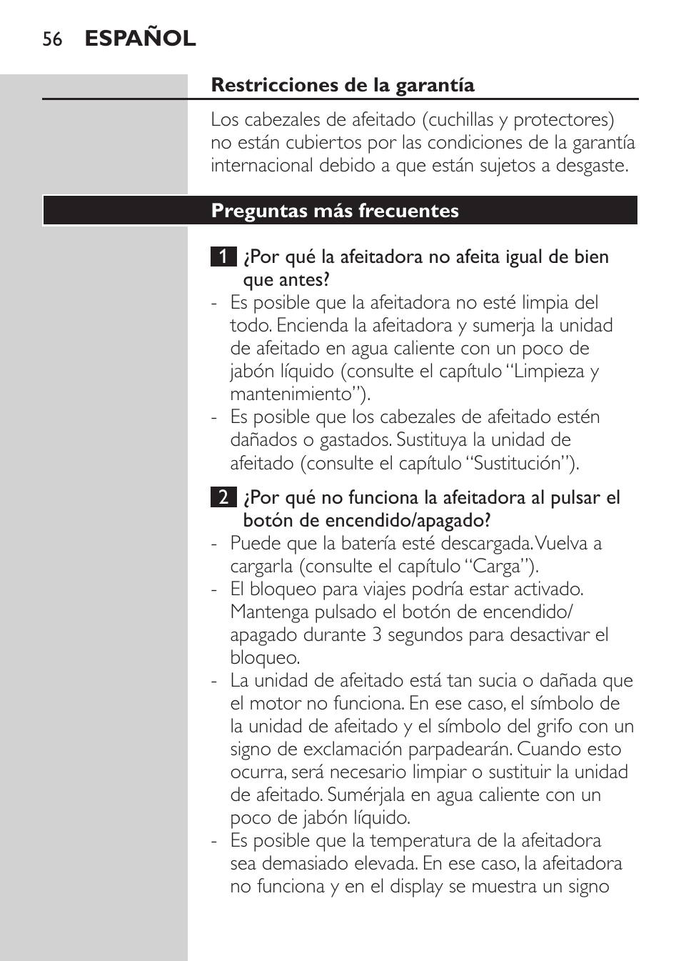 Restricciones de la garantía, Preguntas más frecuentes | Philips Afeitadora eléctrica User Manual | Page 54 / 144