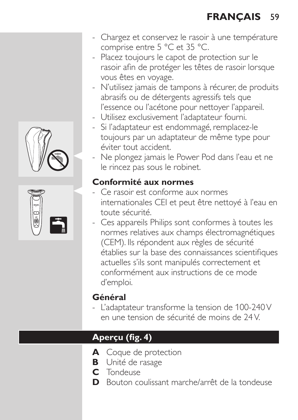 Conformité aux normes, Général, Aperçu (fig. 4) | Philips Afeitadora eléctrica User Manual | Page 57 / 144