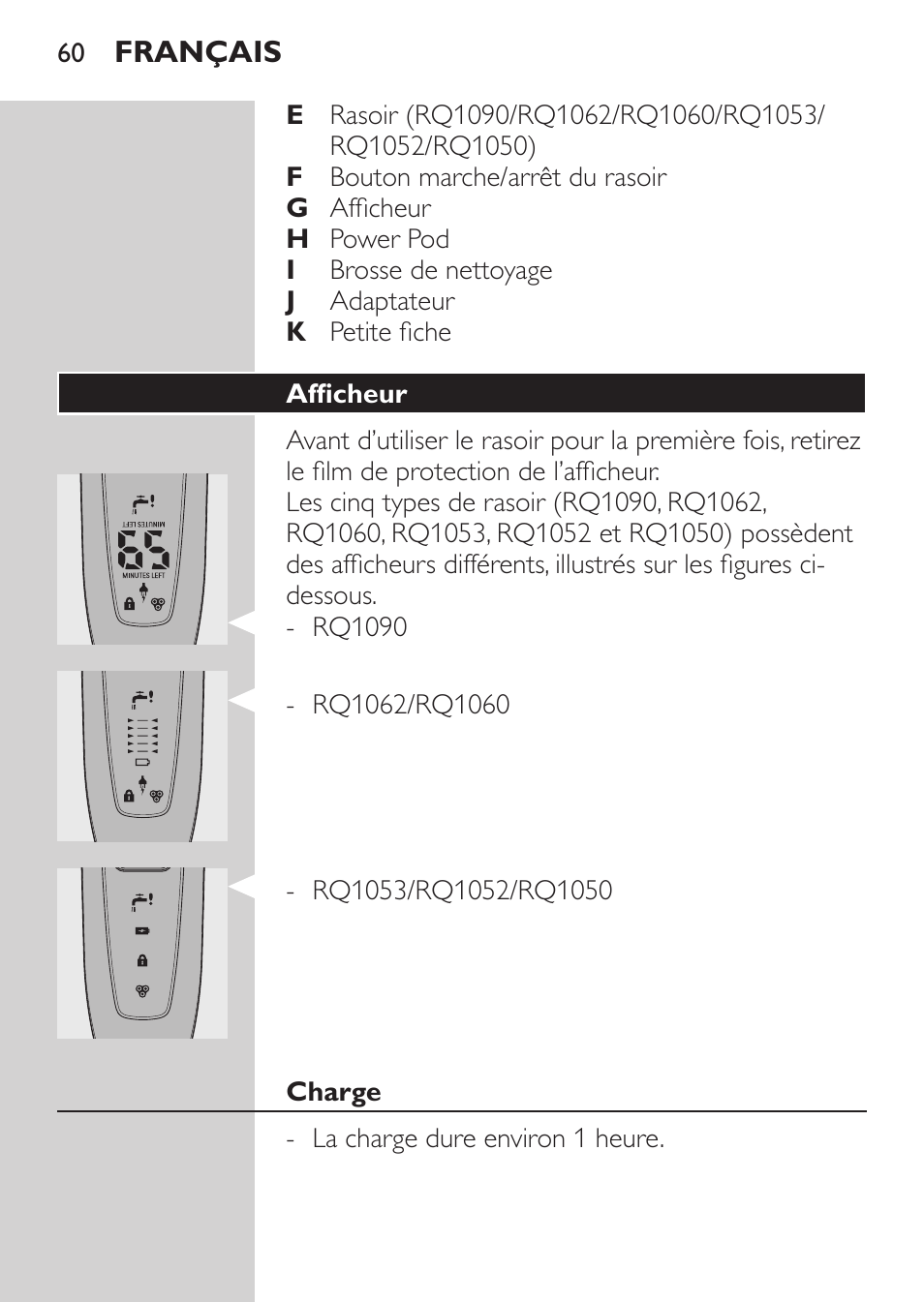 Afficheur, Charge | Philips Afeitadora eléctrica User Manual | Page 58 / 144