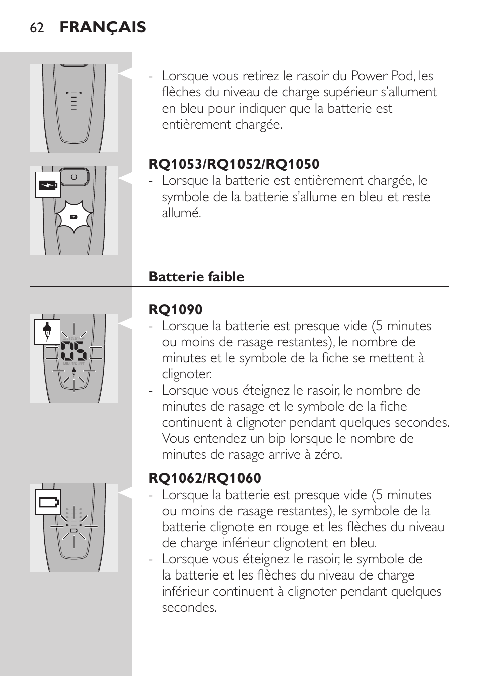 Rq1053/rq1052/rq1050, Batterie faible, Rq1090 | Rq1062/rq1060 | Philips Afeitadora eléctrica User Manual | Page 60 / 144