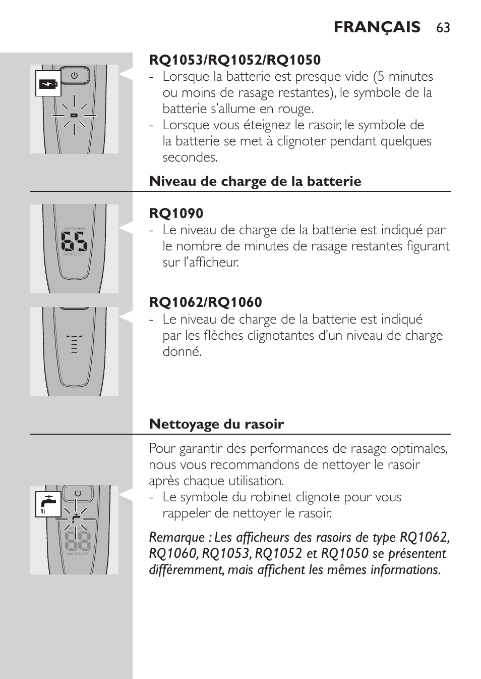 Rq1053/rq1052/rq1050, Niveau de charge de la batterie, Rq1090 | Rq1062/rq1060, Nettoyage du rasoir | Philips Afeitadora eléctrica User Manual | Page 61 / 144