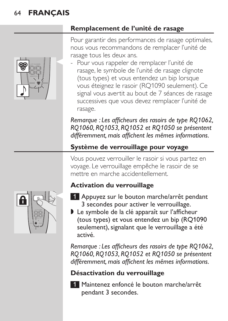 Remplacement de l’unité de rasage, Système de verrouillage pour voyage, Activation du verrouillage | Désactivation du verrouillage | Philips Afeitadora eléctrica User Manual | Page 62 / 144