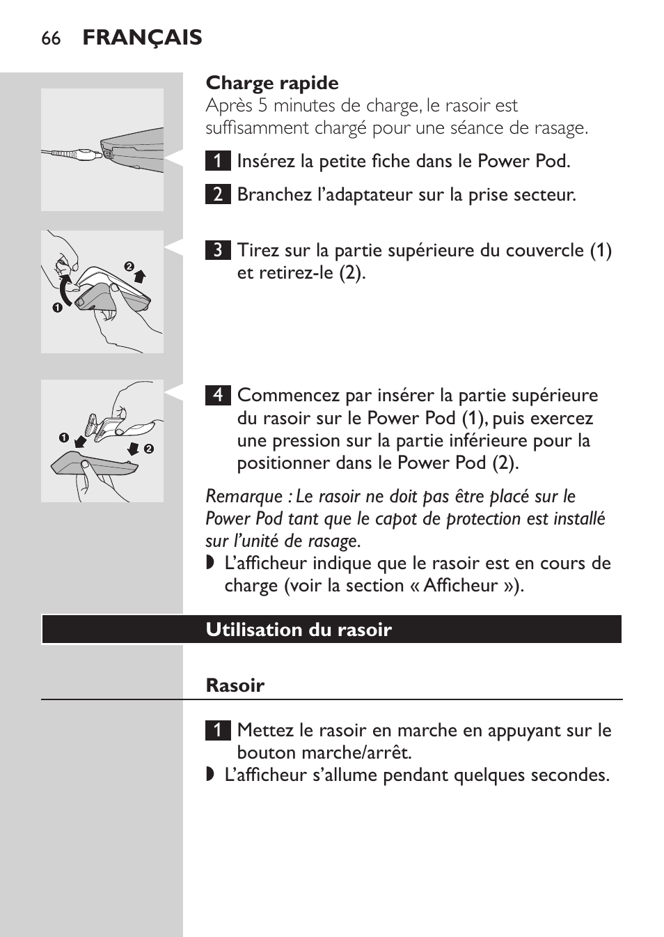 Charge rapide, Utilisation du rasoir, Rasoir | Philips Afeitadora eléctrica User Manual | Page 64 / 144