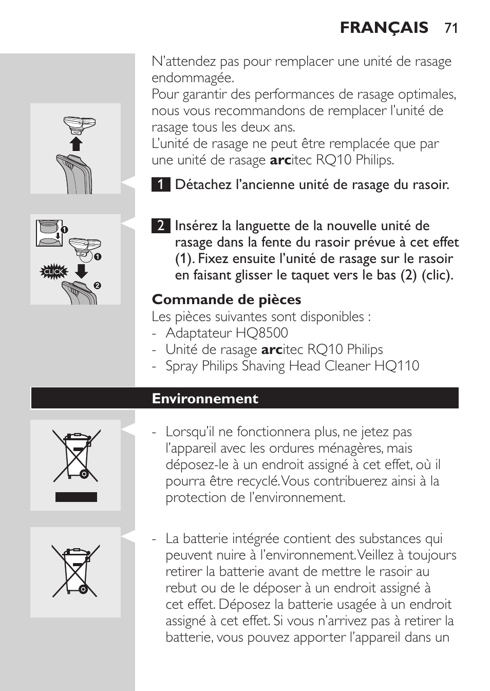 Commande de pièces, Environnement | Philips Afeitadora eléctrica User Manual | Page 69 / 144