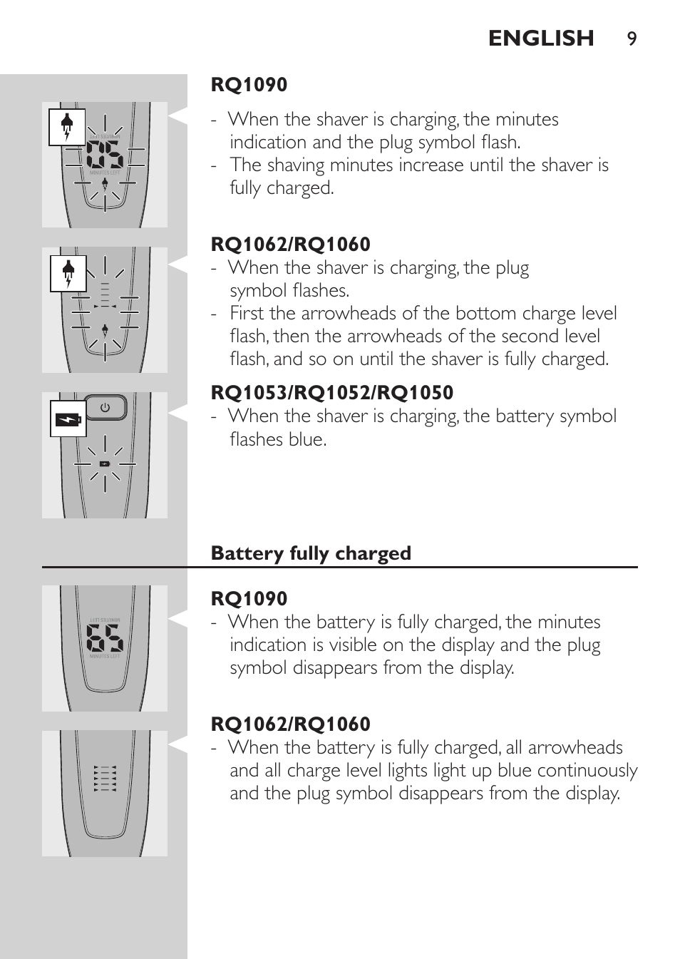 Rq1062/rq1060, Rq1053/rq1052/rq1050, Battery fully charged | Rq1090 | Philips Afeitadora eléctrica User Manual | Page 7 / 144