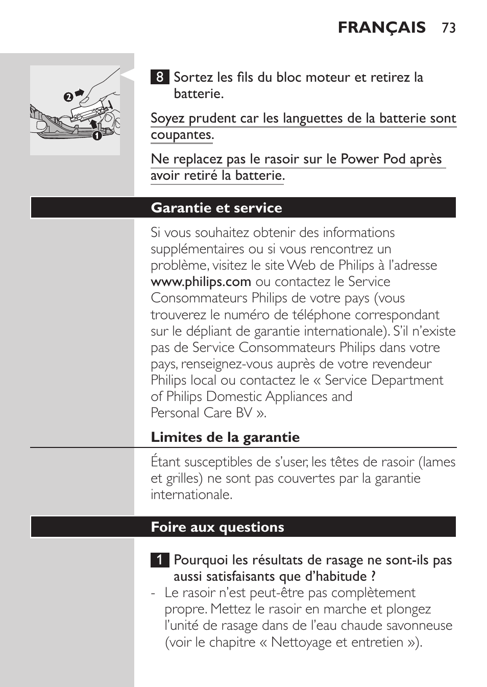 Garantie et service, Limites de la garantie, Foire aux questions | Philips Afeitadora eléctrica User Manual | Page 71 / 144