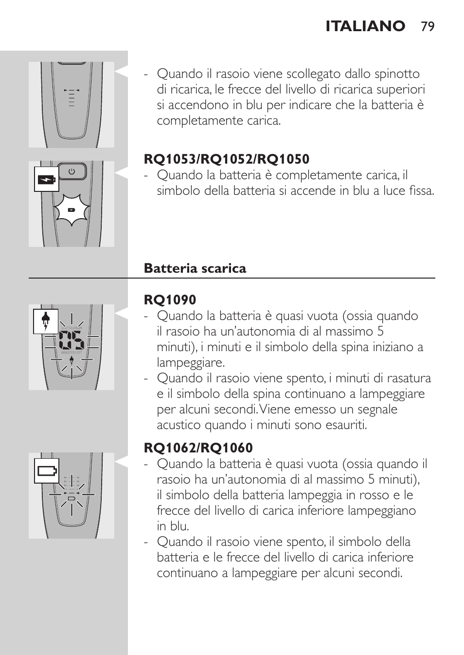 Rq1053/rq1052/rq1050, Batteria scarica, Rq1090 | Rq1062/rq1060 | Philips Afeitadora eléctrica User Manual | Page 77 / 144