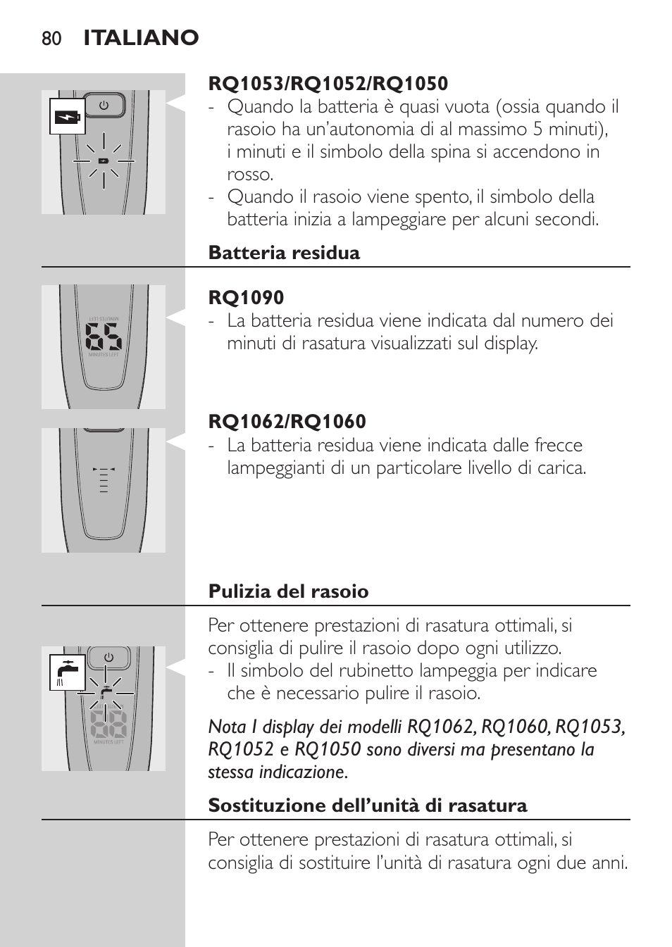 Rq1053/rq1052/rq1050, Batteria residua, Rq1090 | Rq1062/rq1060, Pulizia del rasoio, Sostituzione dell’unità di rasatura | Philips Afeitadora eléctrica User Manual | Page 78 / 144