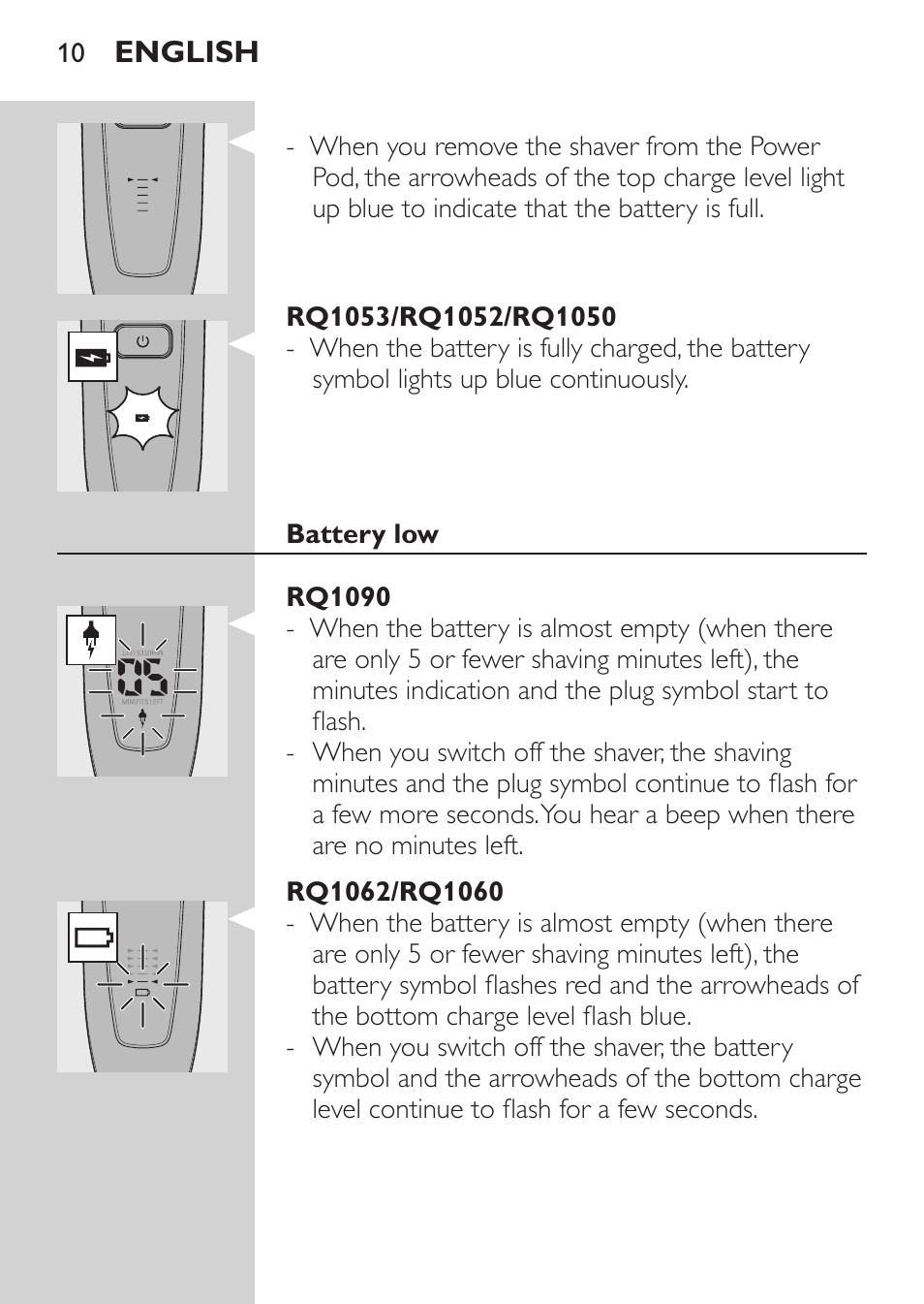 Rq1053/rq1052/rq1050, Battery low, Rq1090 | Rq1062/rq1060 | Philips Afeitadora eléctrica User Manual | Page 8 / 144