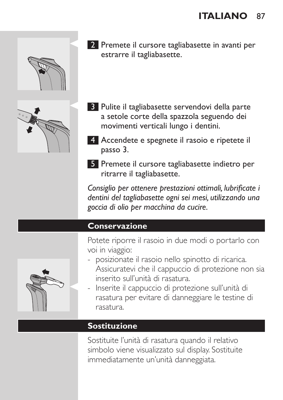 Conservazione, Sostituzione | Philips Afeitadora eléctrica User Manual | Page 85 / 144