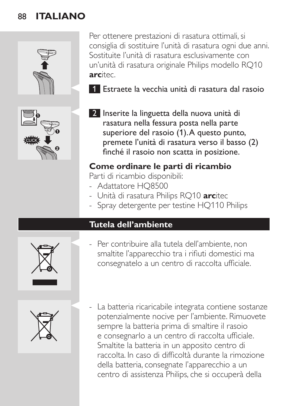 Come ordinare le parti di ricambio, Tutela dell’ambiente | Philips Afeitadora eléctrica User Manual | Page 86 / 144