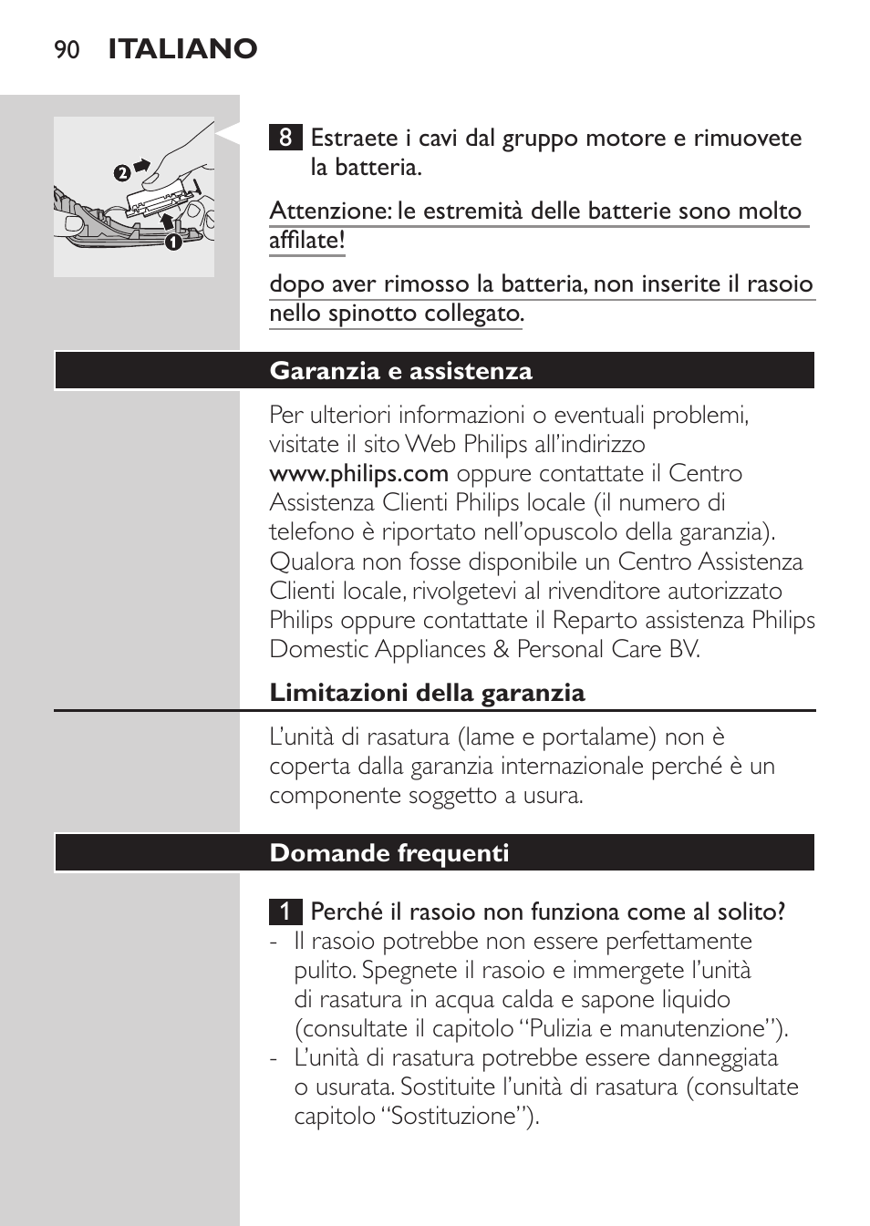 Garanzia e assistenza, Limitazioni della garanzia, Domande frequenti | Philips Afeitadora eléctrica User Manual | Page 88 / 144