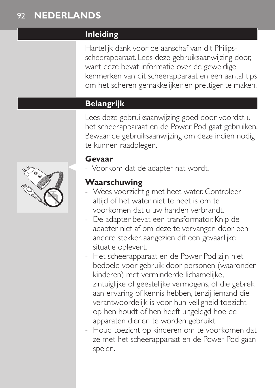 Gevaar, Waarschuwing, Nederlands | Inleiding, Belangrijk | Philips Afeitadora eléctrica User Manual | Page 90 / 144