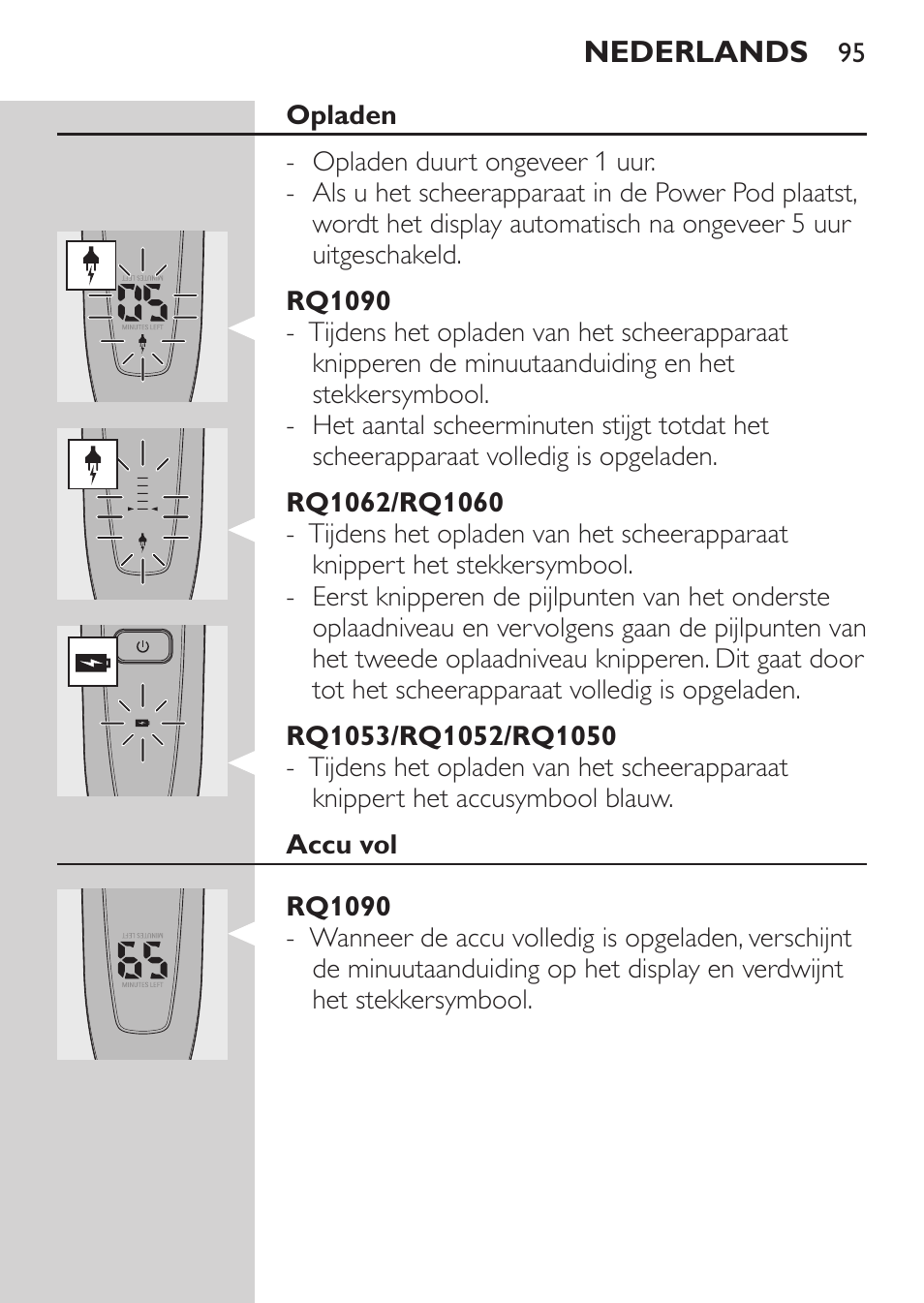 Opladen, Rq1090, Rq1062/rq1060 | Rq1053/rq1052/rq1050, Accu vol | Philips Afeitadora eléctrica User Manual | Page 93 / 144