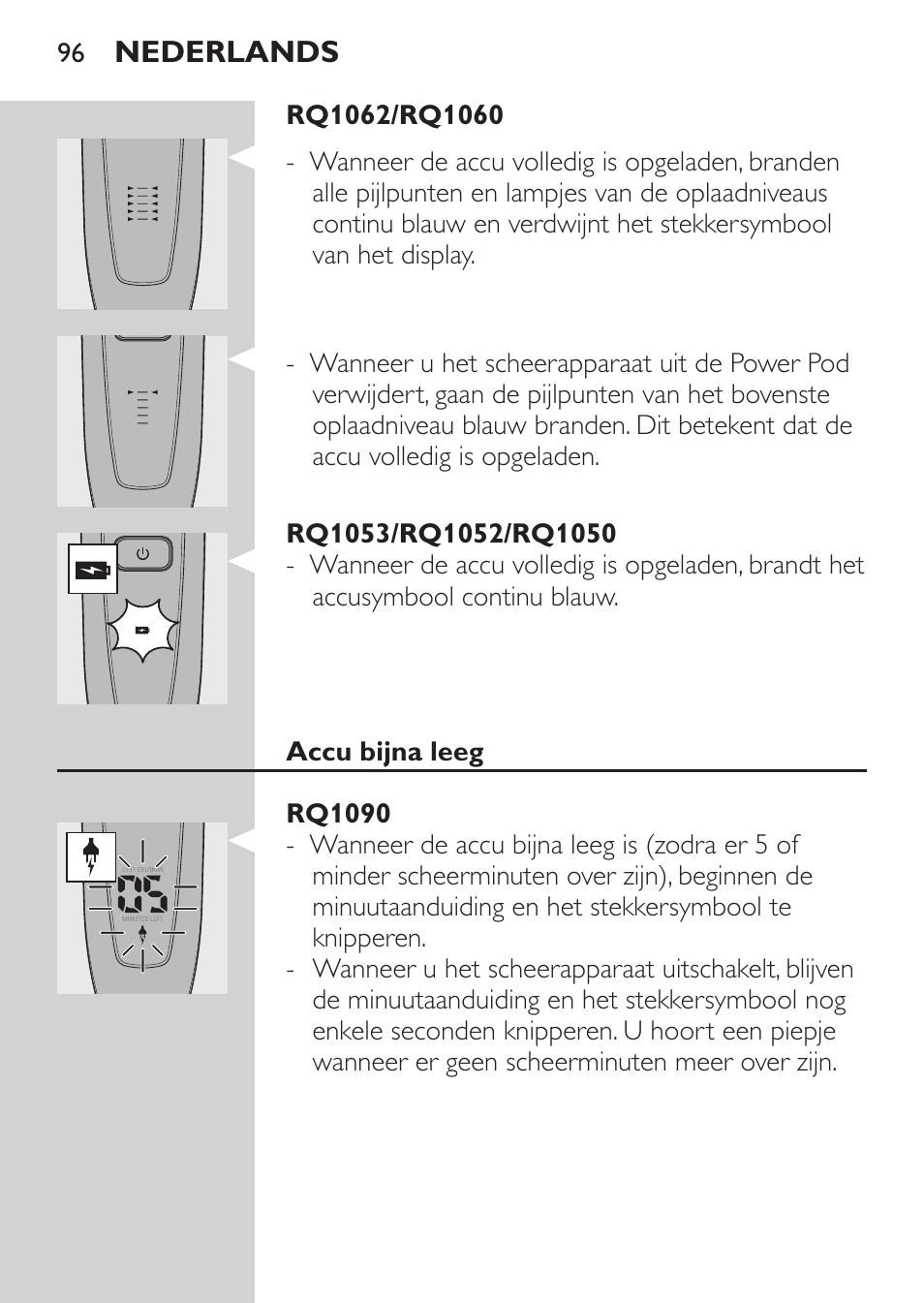 Rq1053/rq1052/rq1050, Accu bijna leeg, Rq1090 | Rq1062/rq1060 | Philips Afeitadora eléctrica User Manual | Page 94 / 144