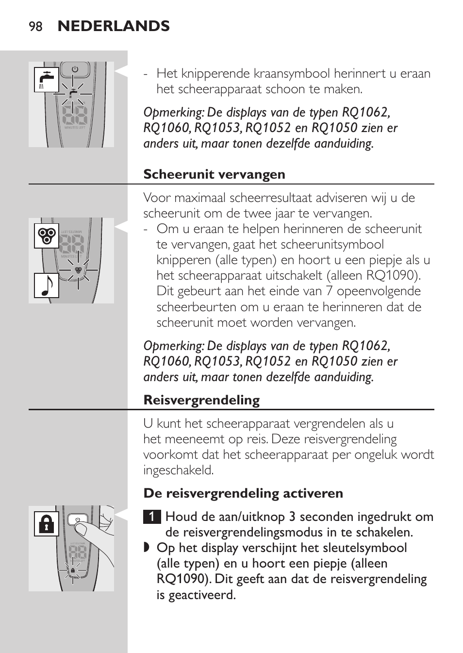 Scheerunit vervangen, Reisvergrendeling, De reisvergrendeling activeren | Philips Afeitadora eléctrica User Manual | Page 96 / 144