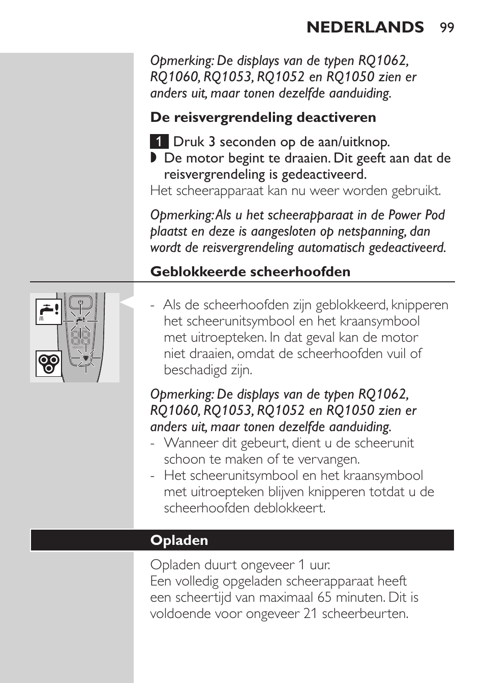 De reisvergrendeling deactiveren, Geblokkeerde scheerhoofden, Opladen | Philips Afeitadora eléctrica User Manual | Page 97 / 144