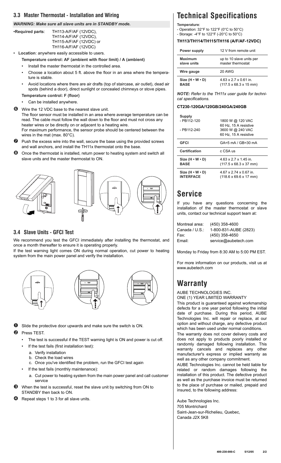 Technical specifications, Service, Warranty | 3 master thermostat - installation and wiring, 4 slave units - gfci test | Aube Technologies TH113 F User Manual | Page 3 / 3