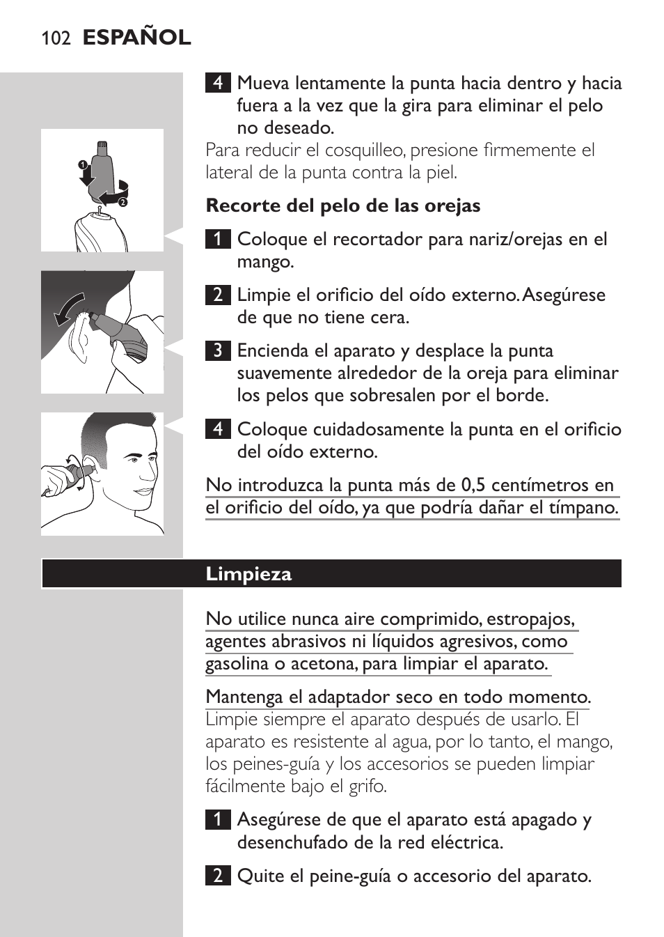 Philips MULTIGROOM Series 3000 Set de cara de arreglo personal resistente al agua User Manual | Page 102 / 174