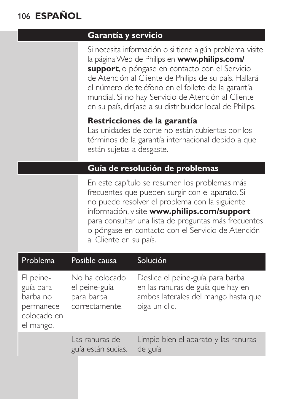 Philips MULTIGROOM Series 3000 Set de cara de arreglo personal resistente al agua User Manual | Page 106 / 174