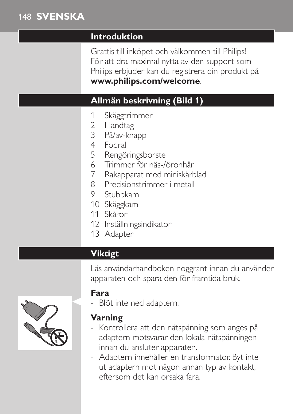 Svenska, Svenska 14 | Philips MULTIGROOM Series 3000 Set de cara de arreglo personal resistente al agua User Manual | Page 148 / 174