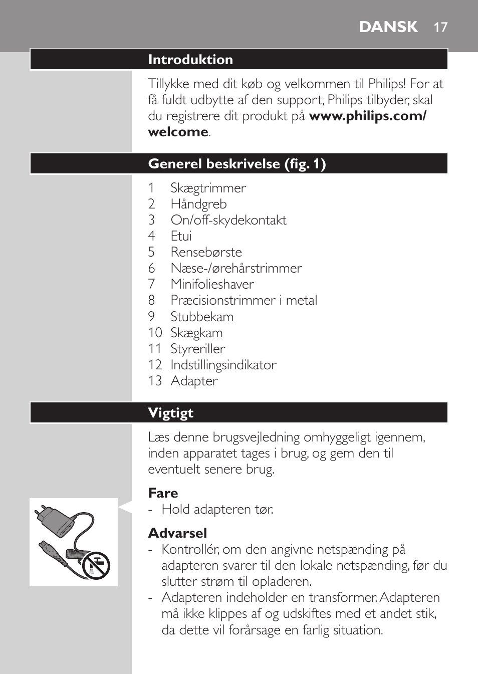 Dansk | Philips MULTIGROOM Series 3000 Set de cara de arreglo personal resistente al agua User Manual | Page 17 / 174