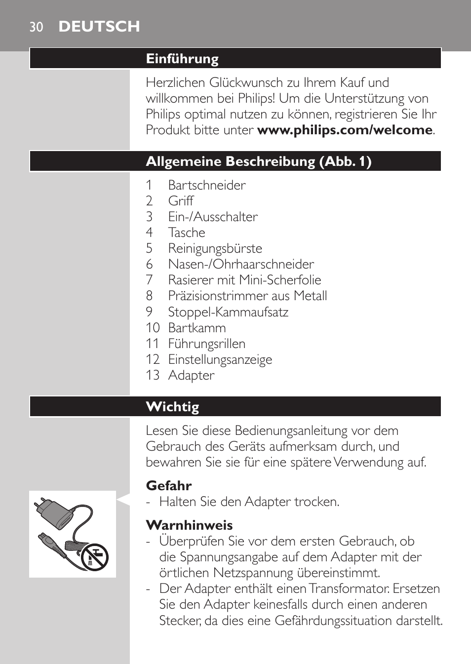 Deutsch, Deutsch 30 | Philips MULTIGROOM Series 3000 Set de cara de arreglo personal resistente al agua User Manual | Page 30 / 174