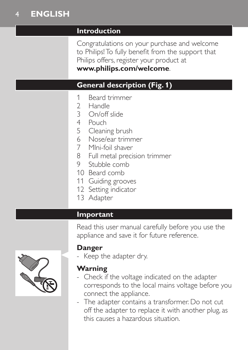 English, English 4 | Philips MULTIGROOM Series 3000 Set de cara de arreglo personal resistente al agua User Manual | Page 4 / 174