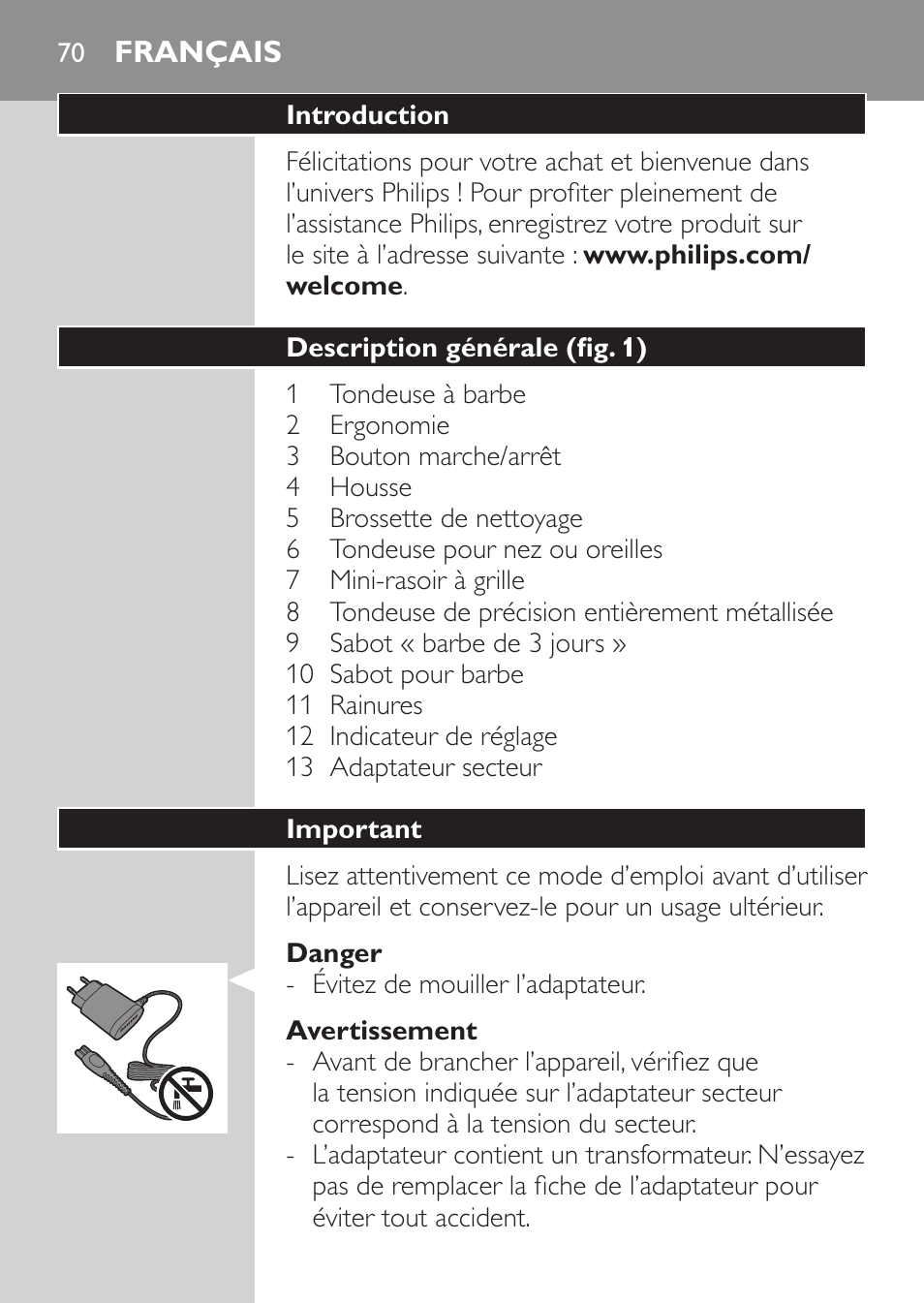 Français | Philips MULTIGROOM Series 3000 Set de cara de arreglo personal resistente al agua User Manual | Page 70 / 174