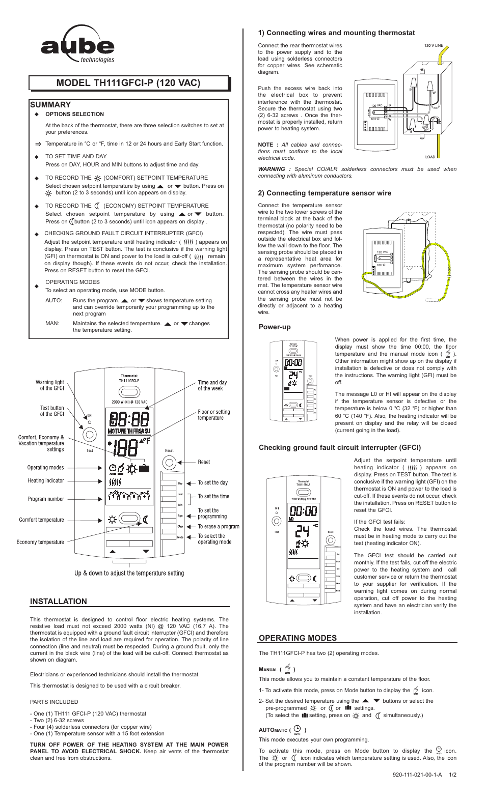 Aube Technologies TH111GFCI-P User Manual | 2 pages