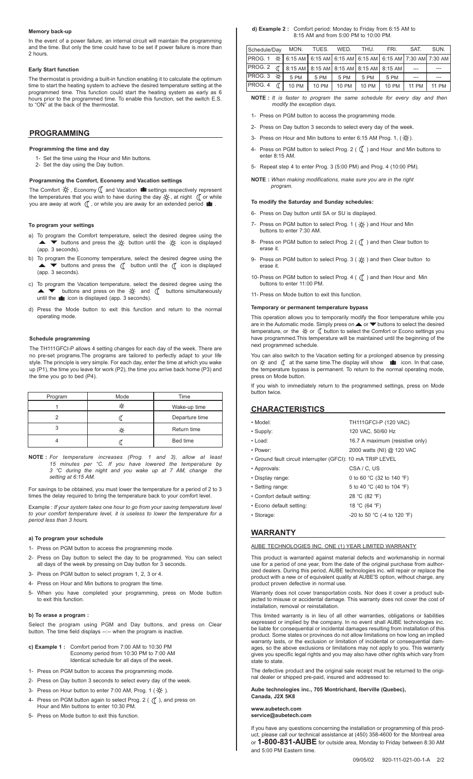 Programming, Characteristics, Warranty | Aube Technologies TH111GFCI-P User Manual | Page 2 / 2