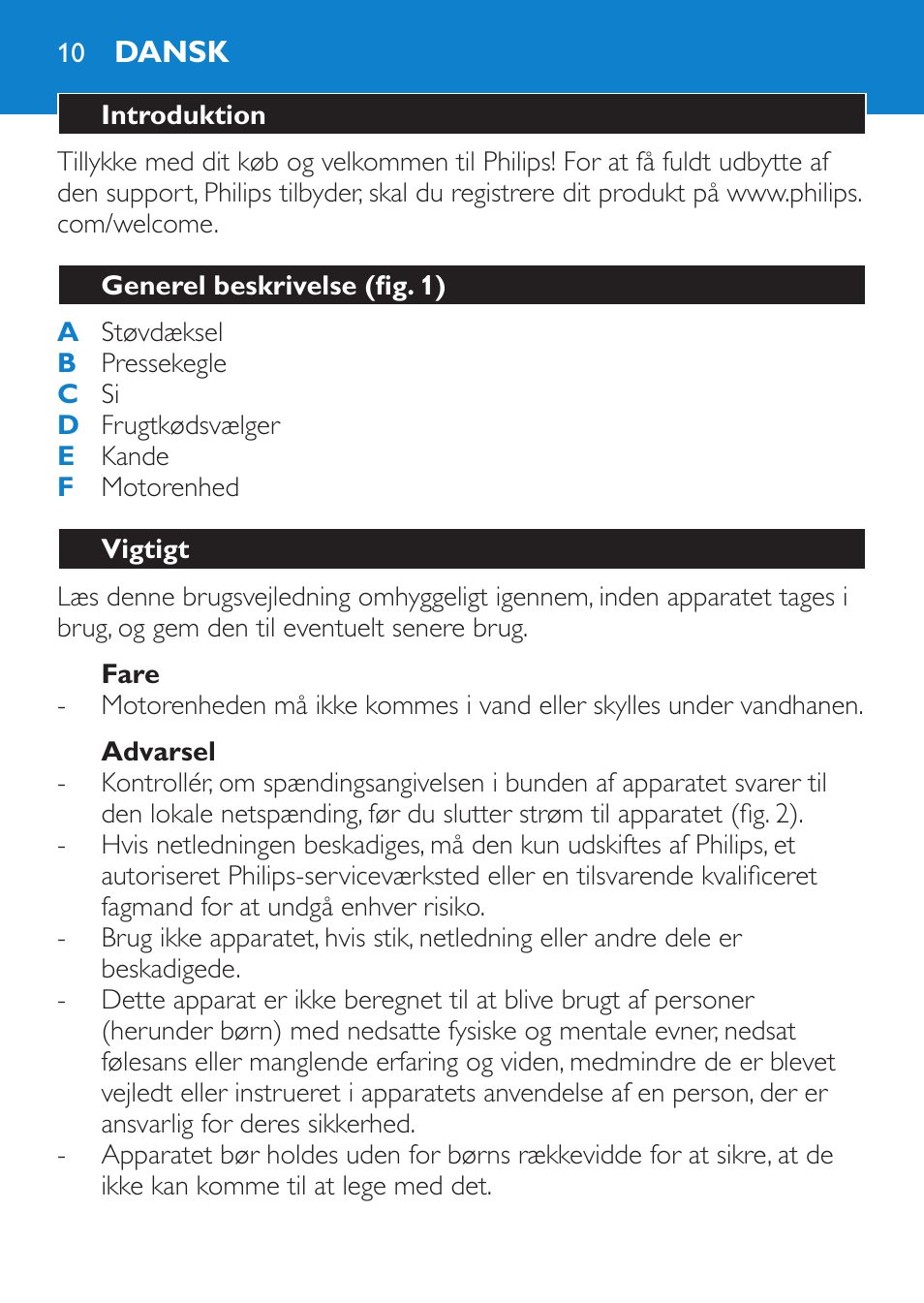 Fare, Advarsel, Dansk | Introduktion, Generel beskrivelse (fig. 1), Vigtigt | Philips Viva Collection Exprimidor User Manual | Page 10 / 60