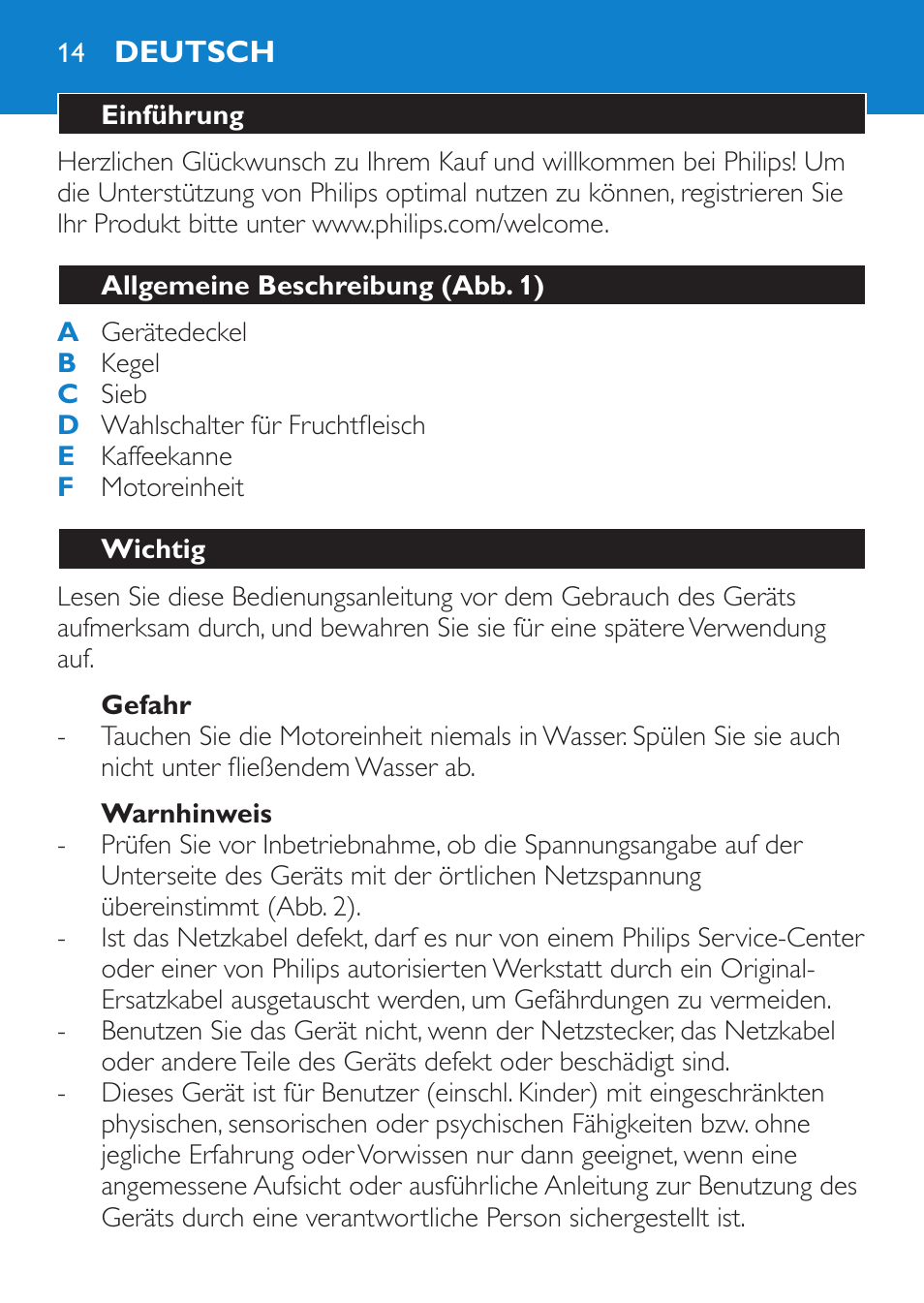 Gefahr, Warnhinweis, Deutsch | Einführung, Allgemeine beschreibung (abb. 1), Wichtig | Philips Viva Collection Exprimidor User Manual | Page 14 / 60