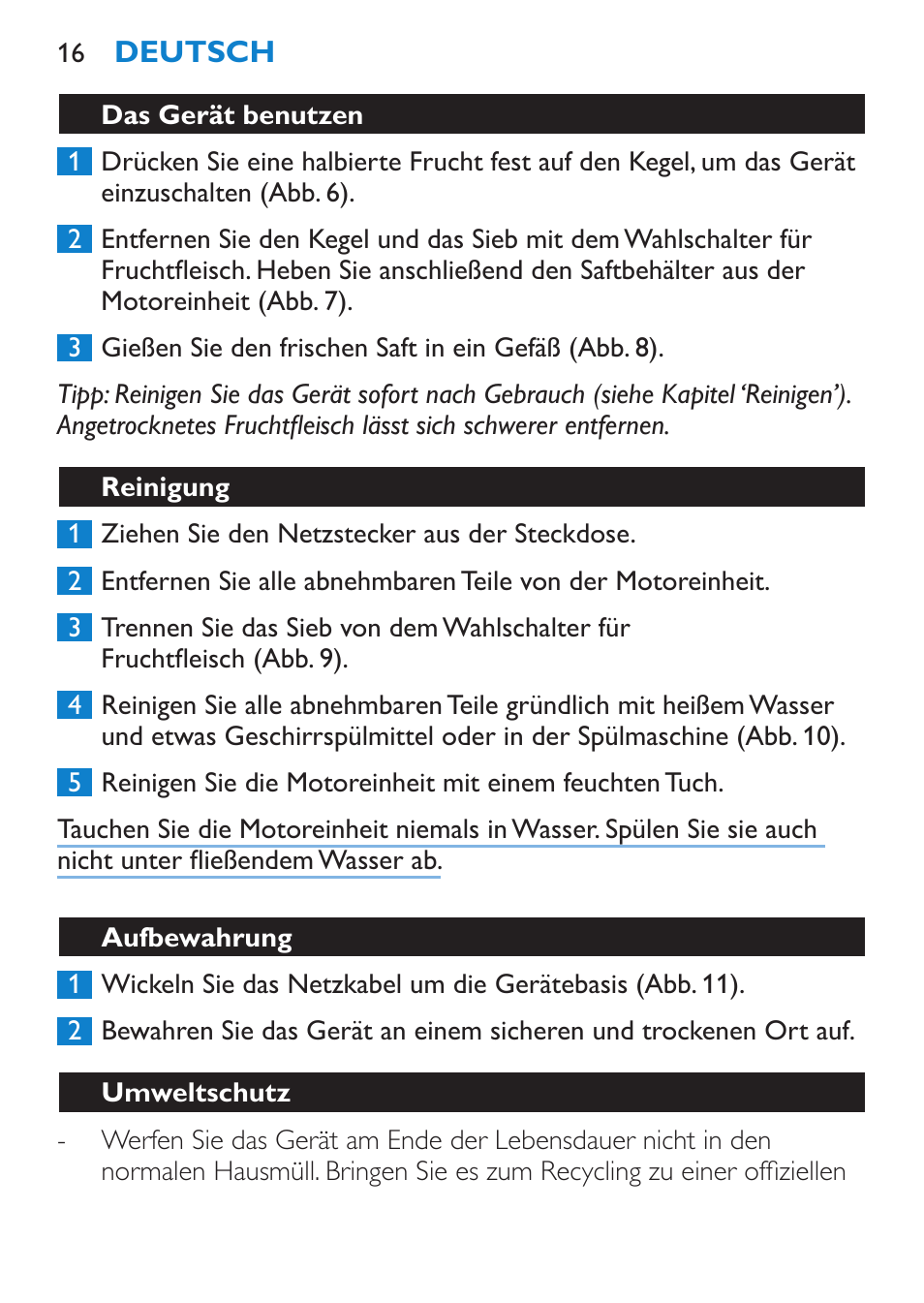 Das gerät benutzen, Reinigung, Aufbewahrung | Philips Viva Collection Exprimidor User Manual | Page 16 / 60